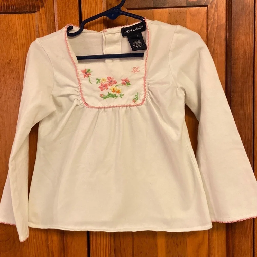 Ralph Lauren Bell Sleeve Sqaure Neck Toddler Top Floral Embroidered White 4/4T